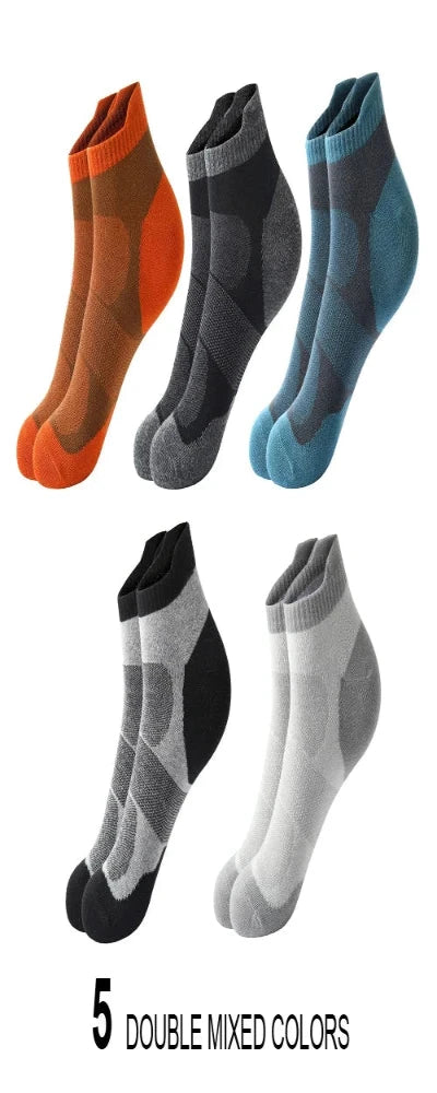 5 Pair of socks colors: Orange, Grey/Black, Teal, Light-grey/Black, White/Grey