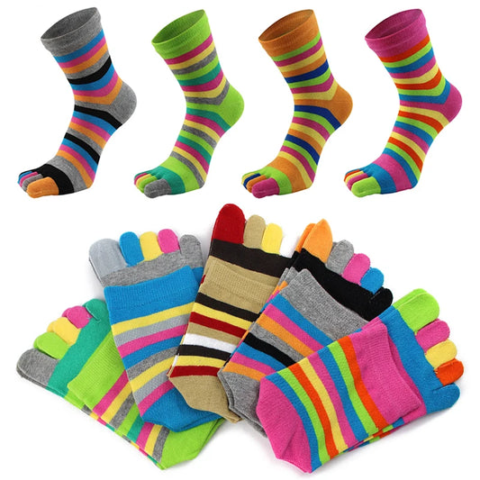 Toe Socks Funny Colorful Rainbow Striped Cotton Wicking  Athletic Crew Mid Tube Socks Fashion