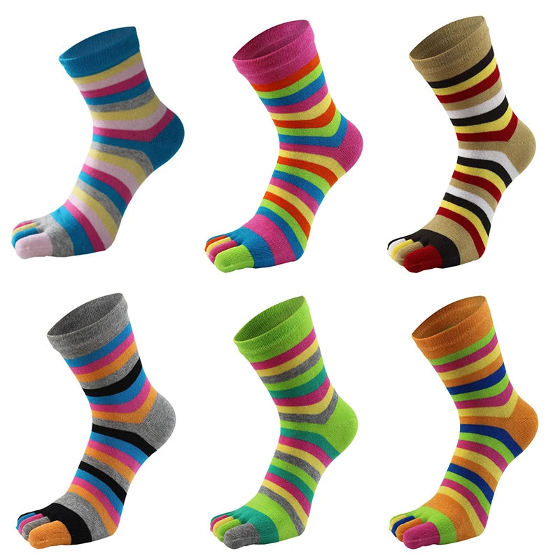 Toe Socks Funny Colorful Rainbow Striped Cotton Wicking  Athletic Crew Mid Tube Socks Fashion