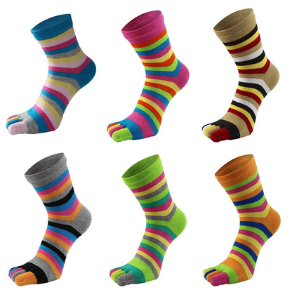 Toe Socks Funny Colorful Rainbow Striped Cotton Wicking  Athletic Crew Mid Tube Socks Fashion