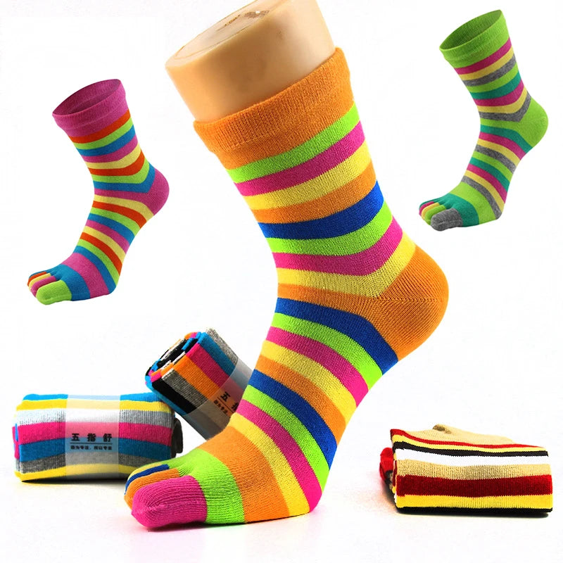 Toe Socks Funny Colorful Rainbow Striped Cotton Wicking  Athletic Crew Mid Tube Socks Fashion